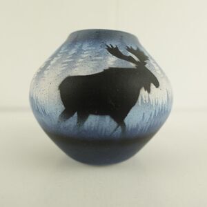 Cedar Mesa Pottery Vase Hand Painted Depicts Elk Walking in Forest Signed